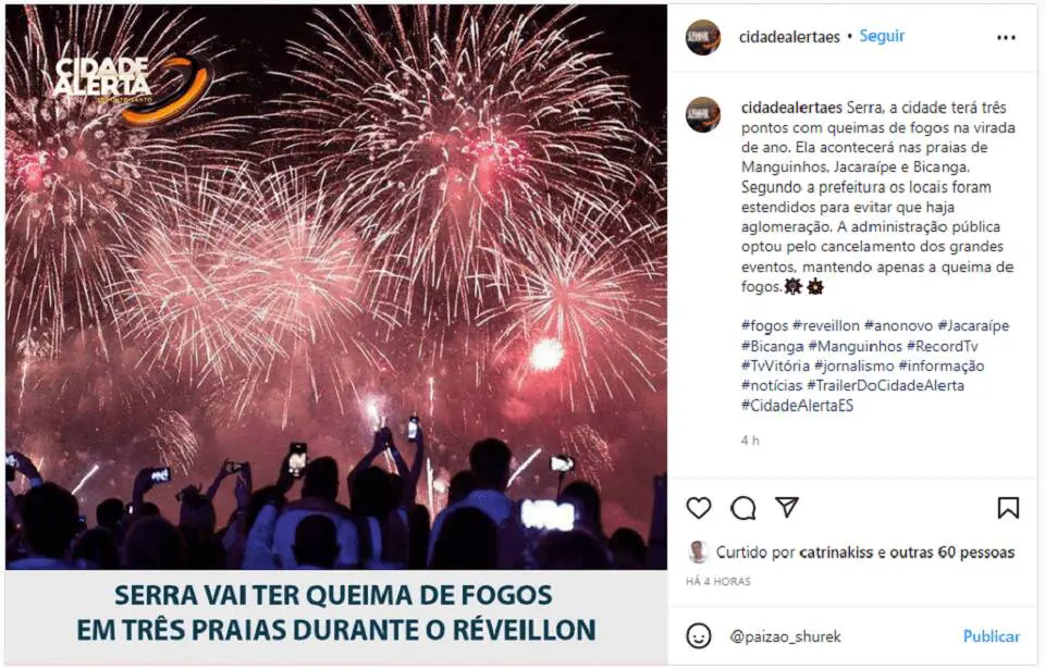 Prefeitura desmente informação do ‘Cidade Alerta ES’ sobre queima de fogos em praias da Serra