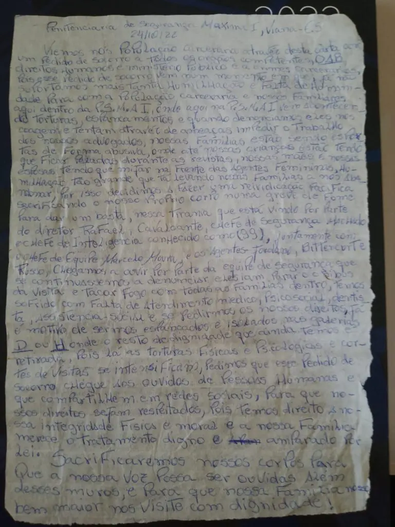 Greve de fome: detento manda carta com pedido de socorro devido torturas e humilhações no presídio do ES