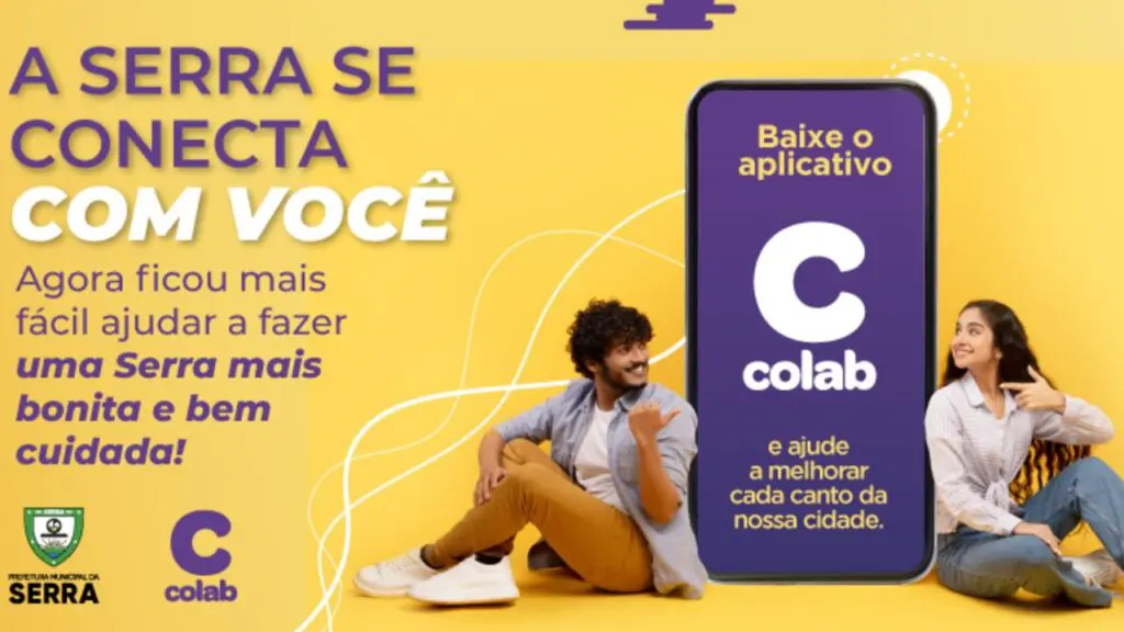 Propaganda Colab um celular com o aplicativo aberto e dois jovens sentados lado a lado