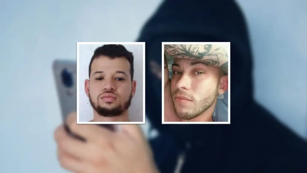 Polícia Civil prende líderes de organização criminosa que deu prejuízo em vítimas de todo o Brasil Foto desfocada de uma pessoa de capuz e máscara segurando um celular, na frente em destaque a foto de dois líderes dos golpes aplicados por telefone