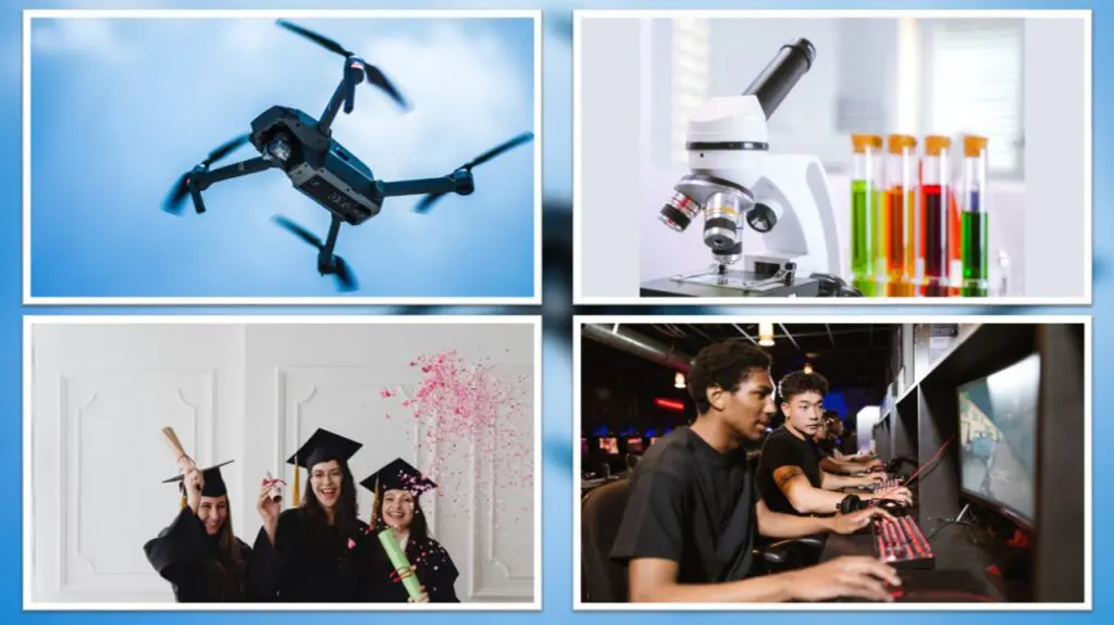Serra mais Cidadã: edição de Natal em Carapina vai apresentar tecnologias e bolsas de estudos Arte com eventos tecnológicos, um drone em voo com céu azul de fundo, telescópio sobre mesa, alunos comemorando a formatura, dois amigos jogando online sentados um ao lado do outro