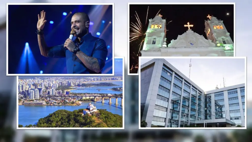 Governador decreta transferência da capital para a Serra e a cidade terá show de Diogo Nogueira Arte com Sede da Prefeitura da Serra ao fundo desfocada, em frente a arte 4 fotos, Cantor Diogo Nogueira, Prefeitura da Serra, Igreja da Matriz, e vista aérea de Vitória