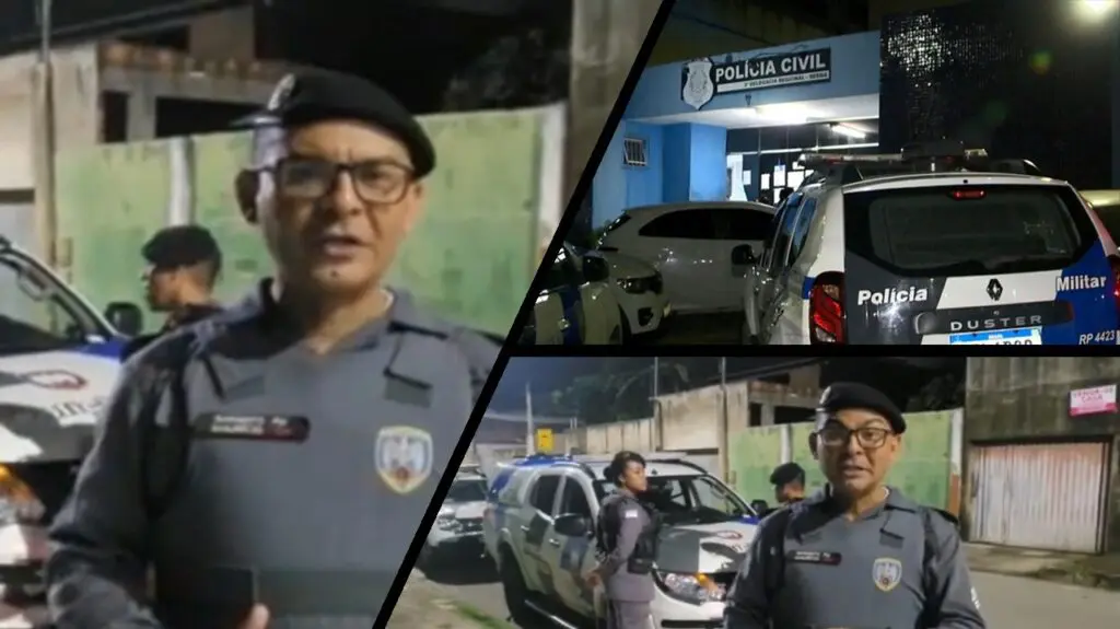 Força Tática prende um dos traficantes mais procurados na região de Jacaraípe Arte mosaico de fotos, Sargento da 14ª Cia Ind Mauricio Sousa, repostando prisão de traficante em Jacaraípe, ao fundo uma viatura e dois membros da equipe da Polícia Militar do Estado do Espírito Santo, e 3ª Delegacia Regional, localizada em Laranjeiras,