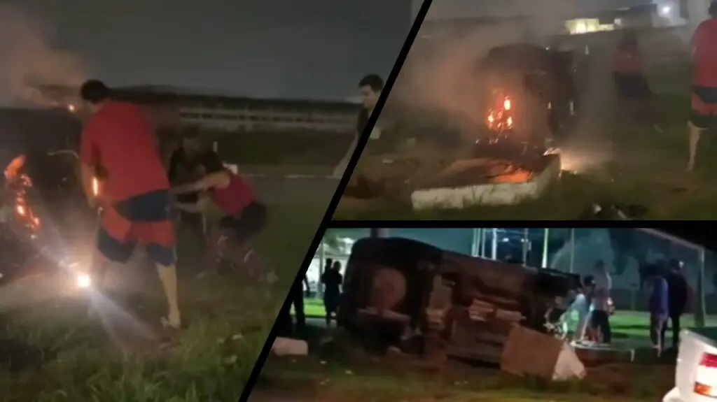 Populares resgatam família de veículo em chamas após grave acidente na Serra