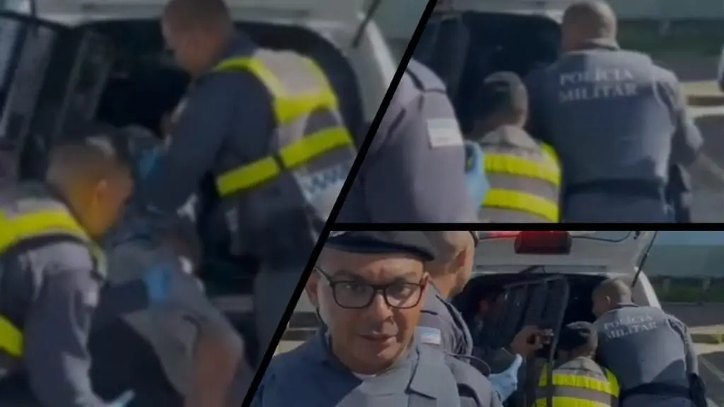 Vídeo: detido por tráfico fica agressivo na hora de entrar na “gaiola” em Jacaraípe Arte com fotos da equipe do sargento Mauricio Sousa prendendo o acusado