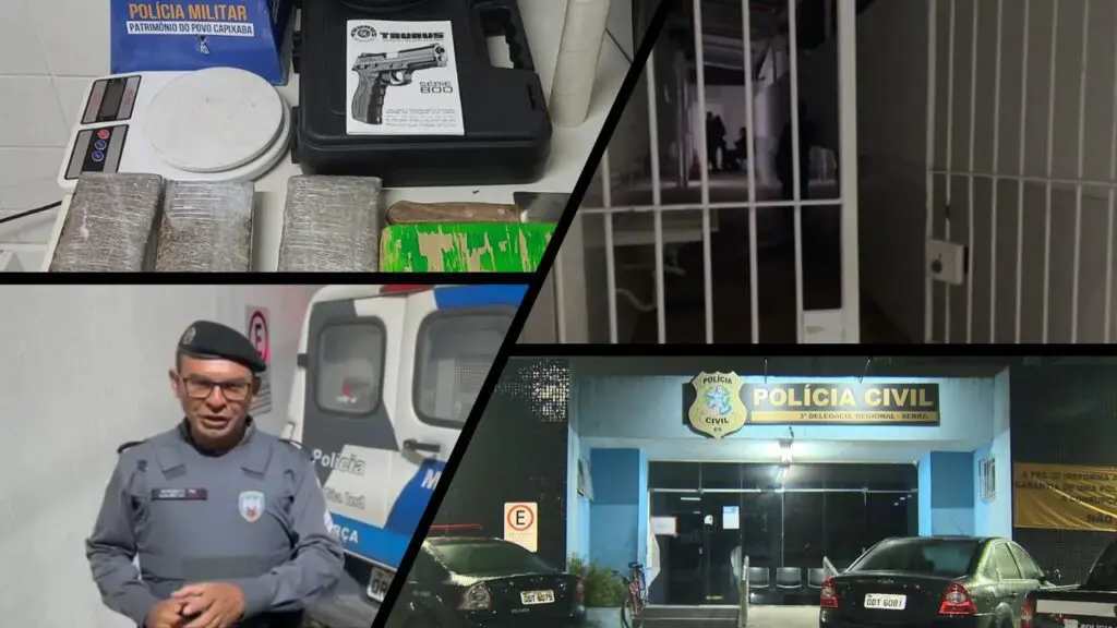 Força Tática detona apartamento utilizado como ponto logístico do tráfico e prende “queimado” em Jacaraípe arte mosaico com fotos da apreensão de drogas, Sargento Mauricio Sousa, foto da faixada da 3ª Delegacia Regional da Serra