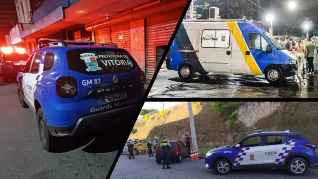 Ladrões após furto se deitam na rua e “dormem” na tentativa de escapar da Guarda de Vitória Arte com três fotos em duas fotos viaturas da Guarda Civil Municipal de Vitória