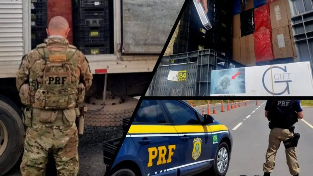 PRF apreende caminhão recheado de cigarros contrabandeados durante fiscalização em Viana Arte com três fotos mostrando Agentes da Polícia Rodoviária Federal, realizando abordagem a caminhão baú e realizando apreensão cigarros contrabandeados