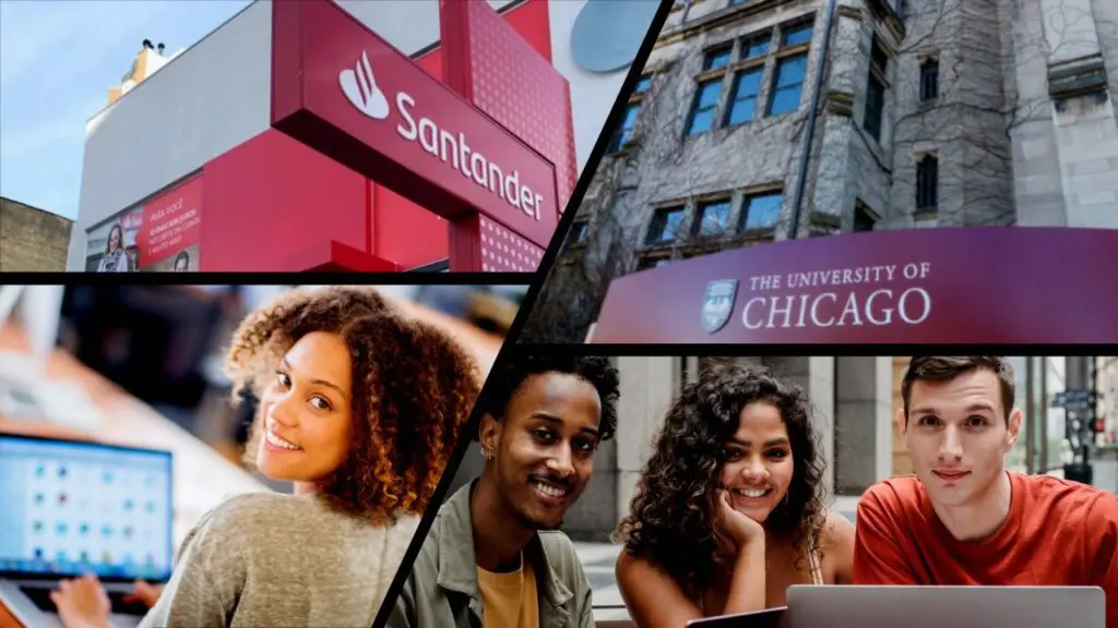 Parceria entre Santander e Universidade de Chicago abre mil bolsas para capacitar profissionais digitais Arte com quatro fotos, uma agência do Santander, a foto da entrada da Universidade de Chicago localizada nos Estados Unidos e nas outras duas alunos estudando pelo computador