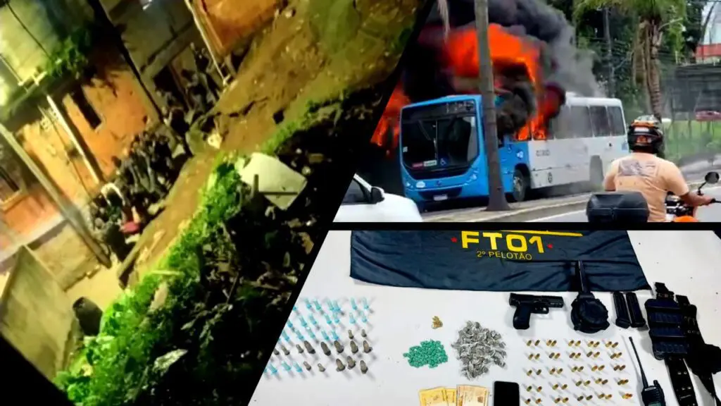 Ônibus são queimados após morte de traficante durante confronto com a PM no bairro da Penha Arte com três fotos em uma policiais socorrem o traficante, em outra um ônibus do Sistema Transcol em chamas e aramas e drogas sobre a mesa da Policia Militar