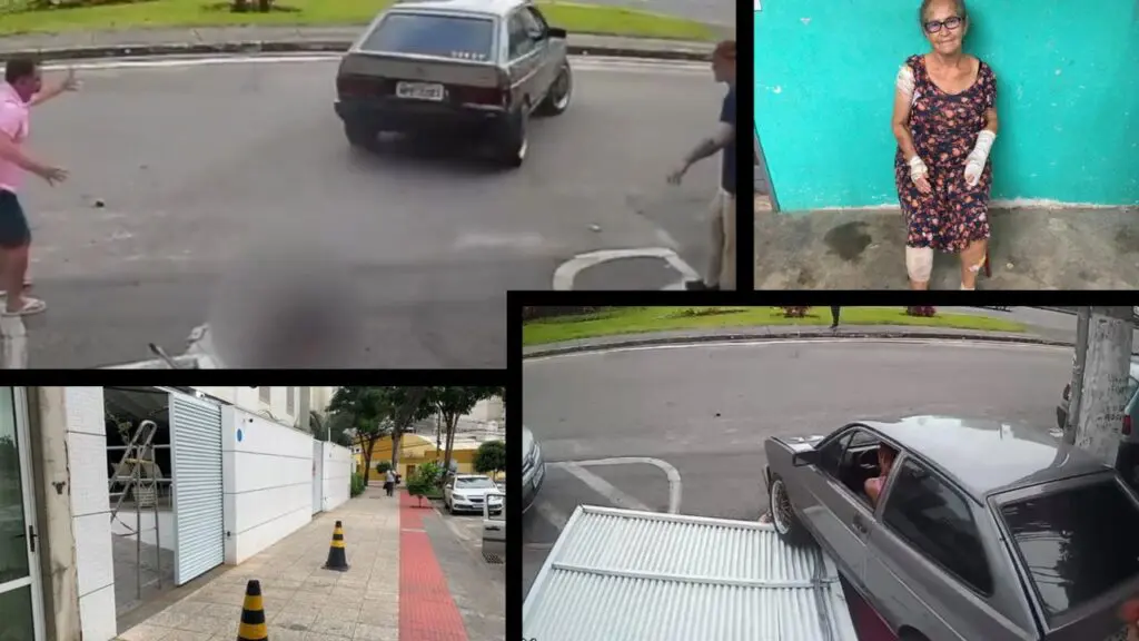 GTA Vix: homem derruba portão, atropela idosa, foge do local e morre no dia seguinte em Vitória Arte com 4 fotos em duas o momento que o homem atropela a idosa e foge do local, nas outras duas a senhora atropelada toda enfaixada, mas passa bem e na ultima a calçada do local do acidente