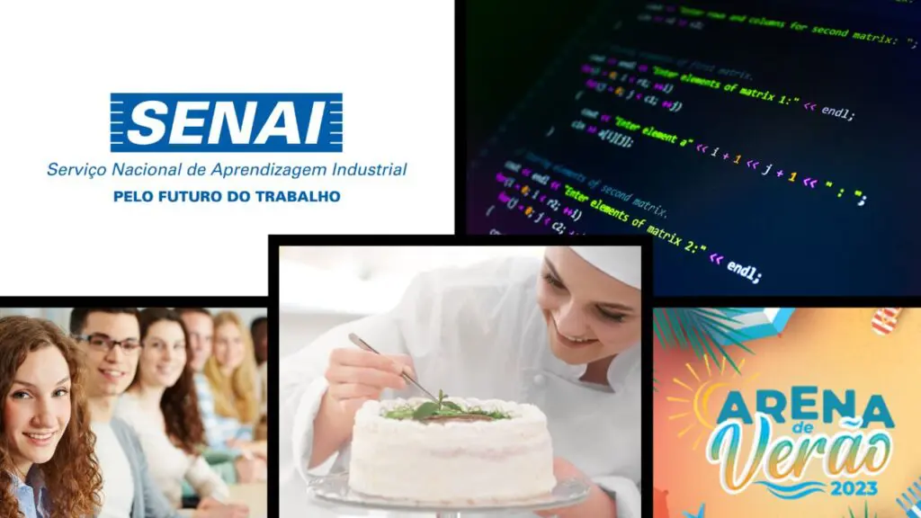 SENAI disponibiliza gratuitamente mais 100 vagas para cursos profissionalizantes em Vitória Arte com cinco fotos, Logo do Senai, uma tela com códigos de um programa de computador, alunos olhando para a câmera, uma confeiteira dando o toque final no bolo, e uma arte escrita Arena Verão 2023