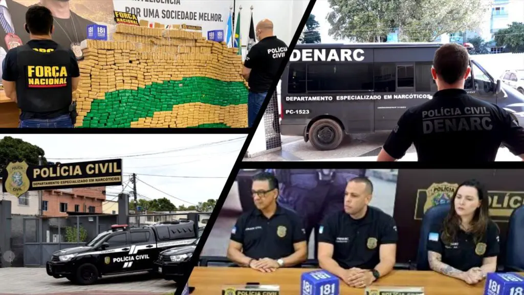 DENARC apresenta resultado e registra maior taxa de apreensões da história do ES Arte com quatro fotos, da esquerda para a direita parte superior, dois agentes da Polícia Civil em frente de centenas de barras de drogas apreendidas, a segunda foto Comandante da Polícia Darcy em coletiva com Delegado Tarcisio Otoni, na parte inferior terceira foto do prédio do Sede do Denarc Espirito Santo com viaturas estacionadas em frente ao prédio, e a quarta foto um agente da Policia Civil e uma van do Denarc