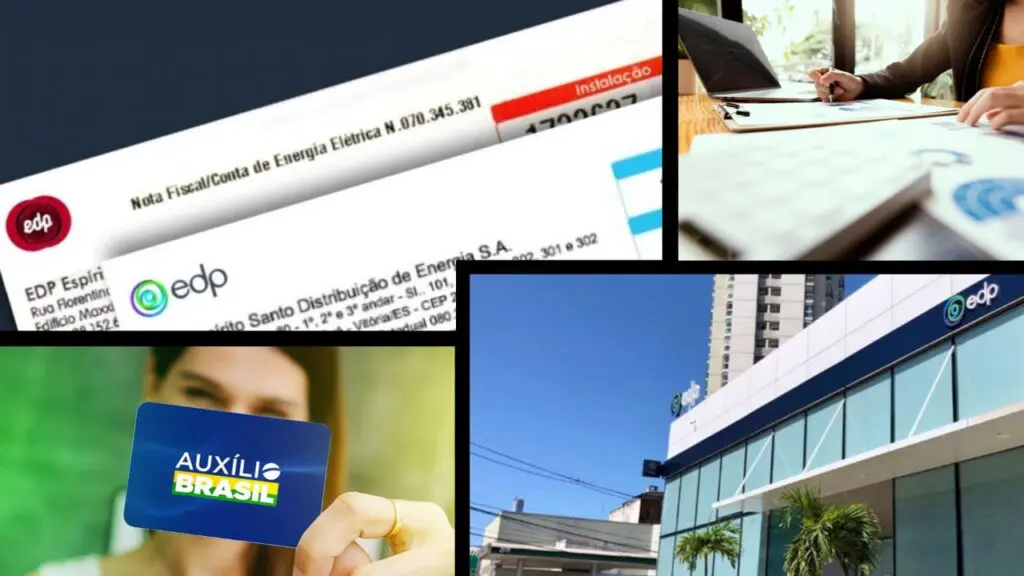 Novo serviço da EDP acrescenta pagamento de contas de energia em atraso com cartão de crédito no ES Arte com 4 imagens, primeira foto duas contas de energia da EDP, na segunda foto uma mulher em seu escritório com o notebook aberto, pagando contas, na terceira foto uma mulher segurando o cartão auxílio Brasil, e na quarta foto uma agencia da EDP
