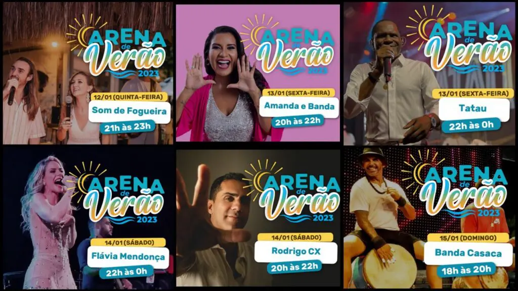 Arena Verão 2023: confira a agenda dos próximos shows que vão agitar Vitória Arte com fotos divulgando os shows que estão acontecendo na praia de Camburi / Vitória