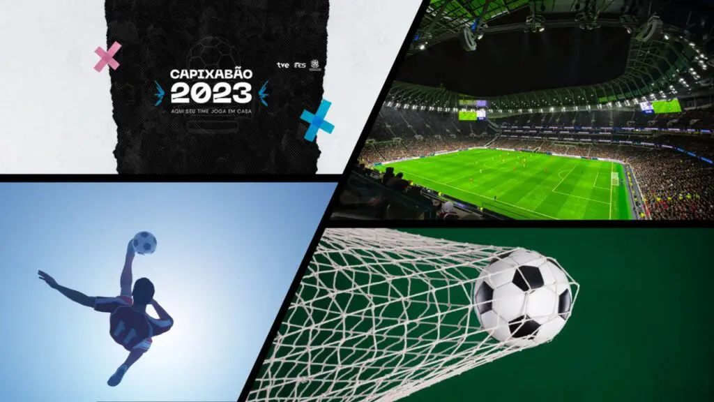 Capixabão 2023 com transmissões ao vivo pela TVE em Tv aberta, Youtube e Facebook Arte de divulgação do Campeonato Capixaba, um fundo branco com o efeito que no meio um papel preto, colado com fita adesiva do lado esquerdo rosa e no direito azul escrito Capixabão 2023 aqui seu time joga em casa, segunda foto vista da arquibancada mostrando o campo, terceira foto um jogador dando uma bicicleta e na quarta foto uma bola de futebol estufando as redes