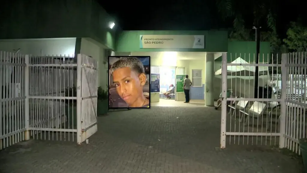 Adolescente morre baleado com 17 tiros enquanto conversava com amigos em Vitória Foto do Pronto Atendimento de São Pedro, e uma foto da vítima Rodrigo Eduardo da Silva, de 16 anos