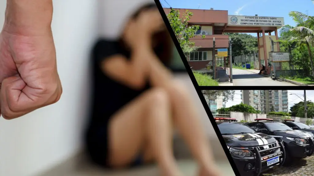 Homem bate na esposa e tenta escapar da cadeia se escondendo embaixo da cama em Jacaraípe Arte com três imagens, na primeira imagem uma simulação de agressão um homem de punho cerrado e uma mulher ao fundo sentada com a imagem desfocada, na segunda imagem o centro de detenção de Viana, e na terceira viaturas da Policia civil estacionadas
