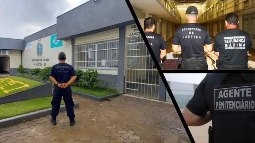 Inscrições abertas para inspetor penitenciário com salários acima de R$ 3500 mais benefícios no ES Arte com três fotos na primeira um agente penitenciário de costas e ao fundo a entrada de uma prisão, na segunda foto três agente penitenciários em um corredor de uma prisão e na terceira foto outro agente penitenciários de costas com foco no seu uniforme