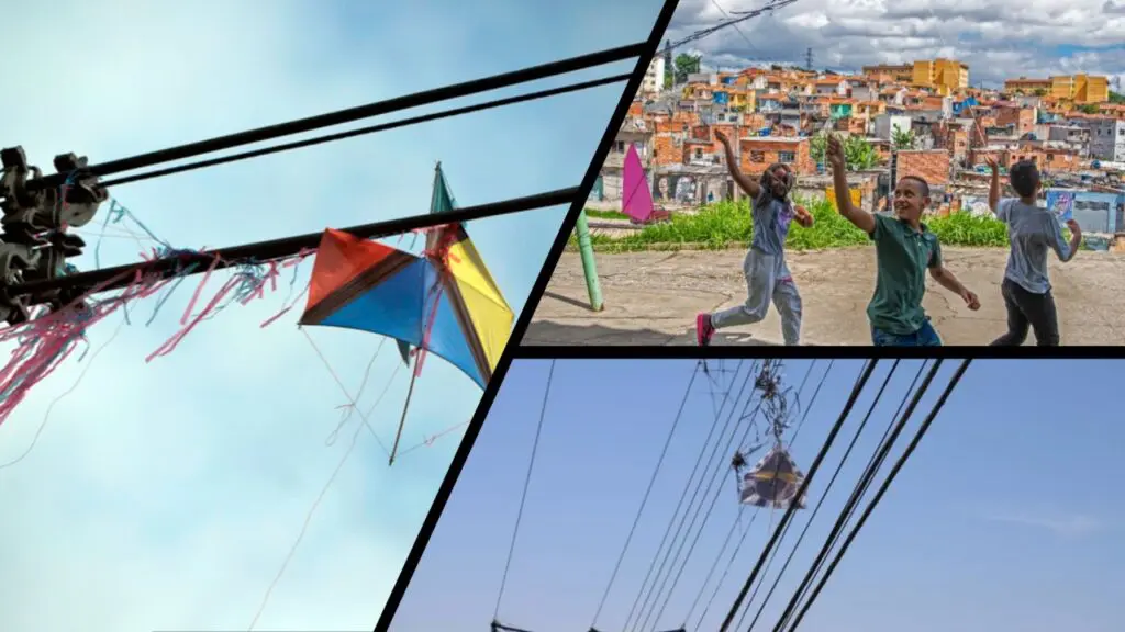 EDP alerta sobre os riscos de acidentes envolvendo pipas próximo às redes elétricas Mosaico com três fotos em uma um pipa rasgado preso em fios de alta tensão, na segunda três crianças correndo e puxando pipas, e na terceira um pipa preso em fios de alta tensão