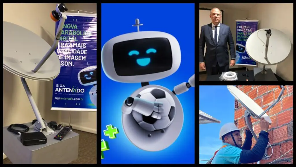 “Siga Antenado” programa que oferece antenas parabólica digitais gratuitamente no ES Mosaico com cinco fotos para divulgação do Programa "Siga Antenado", na primeira foto sobre uma bancada de exposição um kit completo com conversor digital controle remoto e uma antena parabólica, ao fundo um banner do programa "Siga Antenado", na segunda o mascote do programa que é um Robô com corpo de antena e cabeça de televisão segurando uma bola de futebol, na terceira um homem de terno ao lado da bancada com o kit completo antena conversor e controle remoto, na quarta um técnico realizando a instalação de uma antena parabólica em cima de uma casa