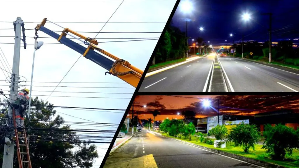 Prefeitura comemora economia de 26% com iluminação pública por meio do programa “Serra Mais Luz” Mosaico com três imagens na primeira, um técnico fazendo a troca de uma luz normal por uma de led, em um poste em via publica no fundo o céu azul e uma arvore florida, na segunda imagem uma foto tirada no período da noite em uma avenida toda iluminada com lâmpadas de led, na terceira imagem a foto foi tirada no período da tarde uma avenida com canteiro bem arborizado iluminada com luz de led e ao fundo o céu está com tons de laranja