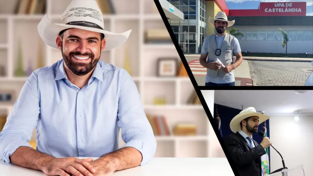 Deputado Pablo Muribeca o “Homem do Chapéu” diz que o foco é fiscalizar serviços públicos do ES Mosaico com três fotos do Deputado estadual Pablo Muribeca, na primeira foto Pablo Muribeca em uma sala com as duas mão sobre uma mesa na segunda foto Pablo Muribeca parado em frente a uma UPA, prestes a entrar para fiscalizar as condições de uma UPA, e na terceira foto Pablo Muribeca discursando na tribuna da Assembleia Legislativa da Serra