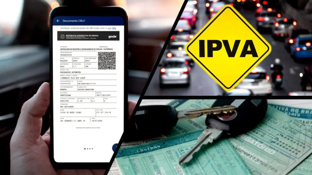 DETRAN ES divulga calendário de IPVA e Licenciamento 2023 Arte com três imagens na primeira uma pessoa dentro de um automóvel sentada no banco do motorista segurando um celular apoiado no volante e na tela do celular o aplicativo do licenciamento aberto com o fundo desfocado, na segunda imagem uma placa amarela escrita em preto IPVA e no fundo desfocado vemos uma avenida movimentada com diversos automóveis e motos, na terceira foto sobre a mesa uma chave de automovel em cima de documentos de um veículo e uma carteira de Motorista(CNH)