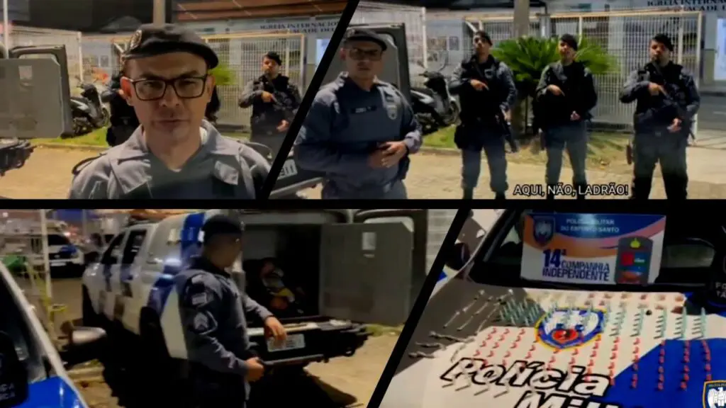 Famoso “queimado” que desafiava a PM é preso pela Força Tática em Nova Almeida Arte Mosaico com quatro imagens na primeira imagem Sargento Mauricio Sousa da 14ª Companhia Independente, na segunda foto o Sargento Mauricio ao lado de uma viatura com o preso dentro