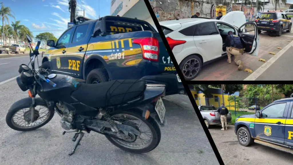 PRF durante fiscalizações na BR-101 apreendem veículos roubados e adulterados na Serra Arte com três fotos na primeira imagem uma viatura da Polícia Rodoviária Federal estacionada na BR-101 e em frente a viatura uma moto adulterada, na segunda imagem um Ford Focus branco parado com as portas e capo aberto e agentes da Polícia Rodoviária Federal, fazendo uma vistoria completa no veículo e na terceira imagem uma viatura da Polícia Rodoviária Federal estacionada e um pouco a frente um veículo Fiat Strada prata