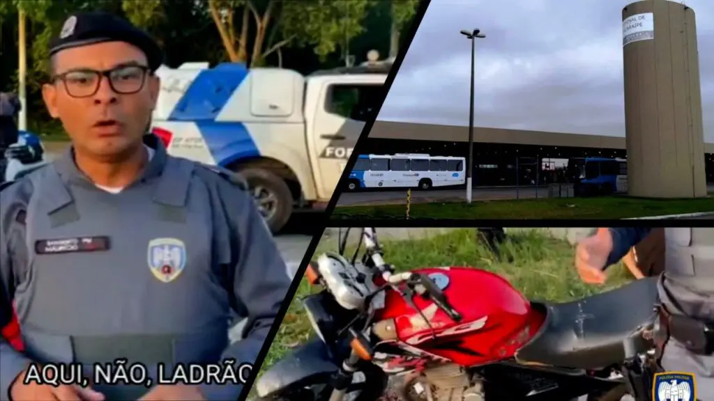 Vídeo: “Queimado” de Vitória se lasca após tentar escapar da PM em Jacaraípe Arte com três imagens, na primeira foto Sargento da 14ª Companhia Independente Mauricio Sousa, parado em um canteiro com uma motocicleta vermelha e ao fundo viaturas, na segunda vista panorâmica do terminal de ônibus de Jacaraípe e na terceira a foto de uma moto vermelha arranhada