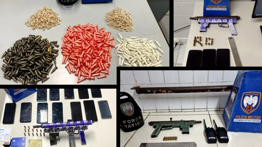 Giro Policial: Polícia Militar arrochando as biqueiras daquele jeito na Serra Arte com três imagens na primeira sobre uma mesa centenas de pinos de cocaína e uma braçadeira da corporação da Polícia Militar, na segunda foto uma metralhadora .380 com adesivo azul, 18 munições enfileiradas e 12 celulares e na terceira foto sobre a mesa uma metralhadora .380 algumas munições e um pente de munição alongado