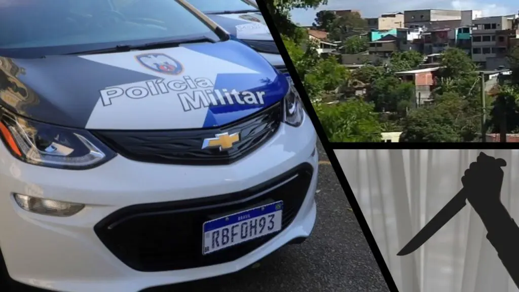 Treta de casal acaba com homem esfaqueado e mulher faltando um dente na Serra Arte com três imagens na primeira uma viatura da Policia Militar do estado do Espírito Santo estacionada, na segunda uma foto de casas e arvores do bairro Nova Carapina I, na Serra e na terceira imagem uma sombra de uma mão segurando uma faca ao fundo uma cortina branca