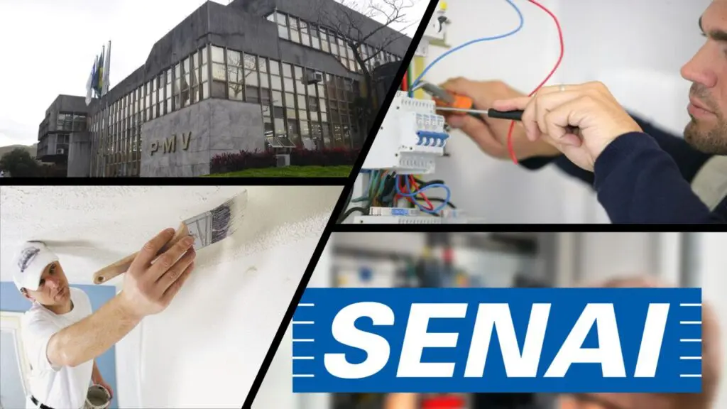 Prefeitura de Vitoria e SENAI abrem inscrições para cursos gratuitos de Pintor e Eletricista Instalador Predial Arte com 4 imagens na primeira a sede da Prefeitura Municipal de Vitória, na segunda um homem ligando fios em um disjuntor elétrico, na terceira um homem segurando um pincel e fazendo acabamento na pintura de um teto, na quarta o logo do Senai e ao fundo desfocado um quadro de energia de uma empresa