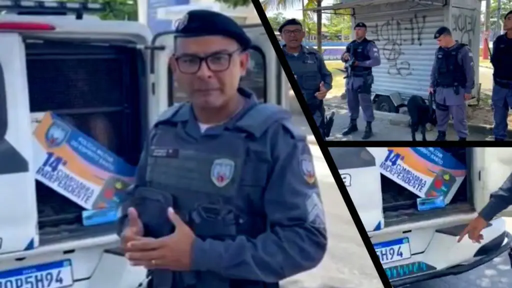 Força Tática prende “queimado” com 10 passagens pela cadeia vendendo drogas em Jacaraípe Arte com três imagens na primeira Sargento Mauricio Sousa ao lado de uma viatura da força tática, na segunda imagem 3 soldados da 14ª Cia Ind. segurando um cão farejador pastor alemão preto, e o Sargento Mauricio Sousa, e na terceira foto sobre o para-choques da viatura 20 pinos de cocaína e o celular azul que foram encontrados com o detido