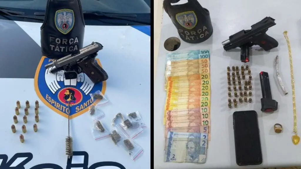 Polícia Militar prende homens armados e apreende drogas em ações preventivas na Grande Vitória Arte com duas a fotos na primeira sobre o capo da viatura uma pistola buchas de maconha 13 munições, e na segunda foto sobre uma mesa branca 509 reais em espécie uma pistola munições,01 celular e uma corrente dourada