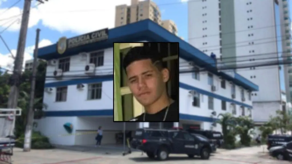 Jovem morre metralhado com vários tiros enquanto andava de bicicleta em Vitória Arte com duas imagens uma foto de um jovem no centro e ao fundo desfocada um prédio de dois andares branco e azul, sede da DHPP de Vitória