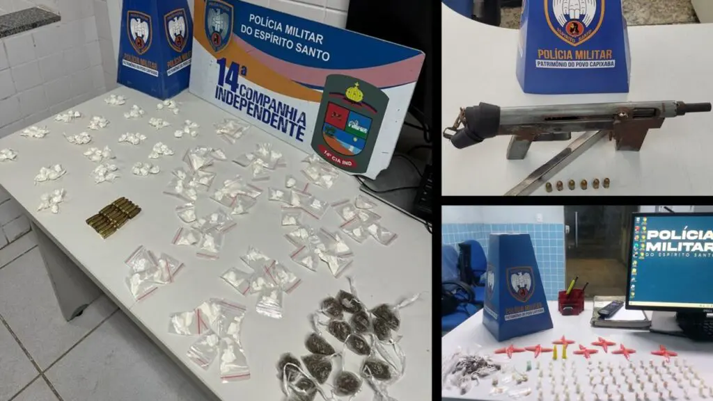 Força Tática aperta o cerco prende traficantes drogas e uma submetralhadora na Serra Arte com três imagens de apreensões realizadas pelas equipes da Polícia Militar, na primeira imagem sobre uma mesa branca 144 papelotes de cocaína, 15 buchas de maconha e 18 munições cal.9mm. Na segunda imagem sobre uma mesa branca uma submetralhadora de fabricação caseira e munições, e na terceira foto 30 pinos de cocaína, 35 buchas de maconha e 78 pedras de crack