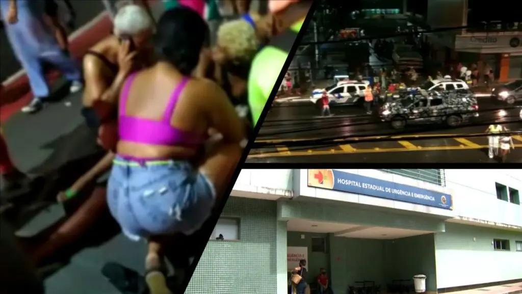 Vídeo: madrugada de carnaval com 4 pessoas baleadas no Centro de Vitória Arte com três imagens, na primeiras uma mulher deitada no chão baleada e pessoas em volta tentando socorrê-la, na segunda imagem viaturas da polícia militar chegando no local do tiroteio, e na terceira imagem a entrada do Hospital Estadual de Urgencia e Emergencia em Vitoria