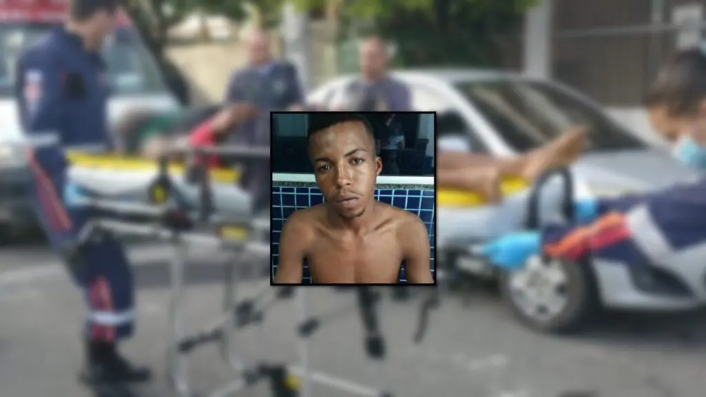Soldado da PM à paisana reage a assalto e termina com criminoso morto no hospital em Vila Velha Arte uma foto centralizada com o assaltante baleado e ao fundo uma foto desfocada com uma equipe do SAMU realizando o atendimento do assaltante baleado em cima de uma maca