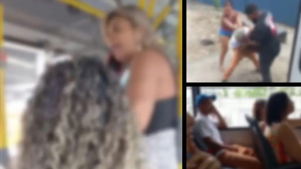 Vídeo: homem sem cueca é acusado por passageira de assédio dentro de ônibus na Serra Arte com três imagens que estão desfocadas para garantir a integridade dos envolvidos na primeira uma mulher segurando um celular, na segunda um homem sendo detido por outras pessoa e na terceira imagem pessoas sentadas em bancos de um onibus