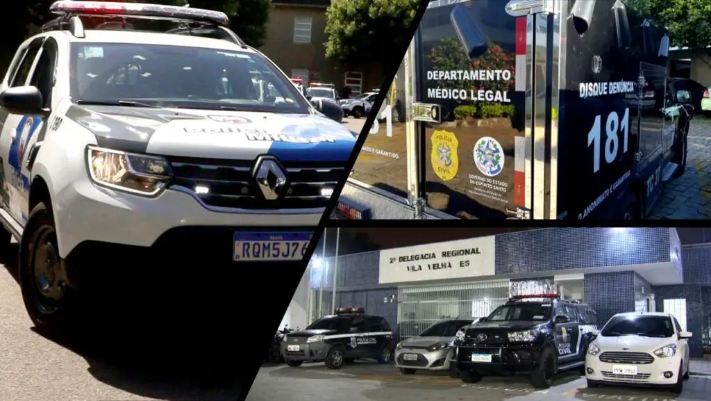 Flagrante chocante: Polícia Militar detém dupla tentando desovar corpo em Vila Velha Arte com 3 imagens na primeira uma viatura da polícia militar, na segunda imagem uma viatura do Departamento Médico Legal (DML), e na terceira imagem a entrada da 2ª Delegacia Regional de Vila localizada em Velha
