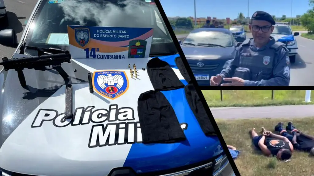 Força Tática prende 3 queimados armados com submetralhadora após frenética perseguição em Jacaraípe Arte com três imagens na primeira uma viatura da Policia Militar com material apreendido durante a perseguição a quadrilha, na segunda foto Sargento Mauricio parado ao lado da viatura e relatando tudo sobre a ocorrência e na terceira imagem os três detidos deitados no chão do canteiro e algemados