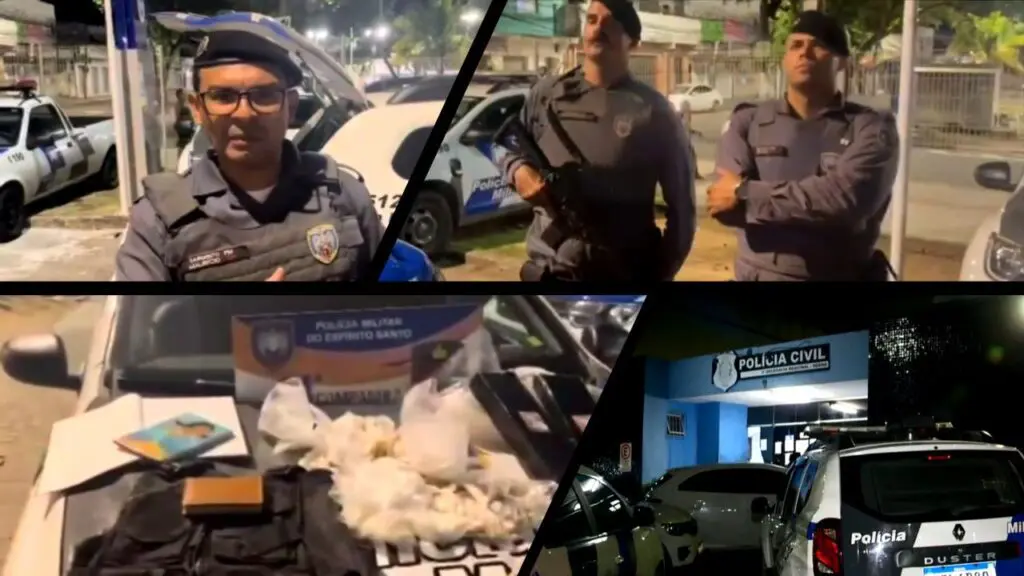 Força Tática após perseguição frenética prende gerente do tráfico de drogas em Jacaraípe Arte com 4 imagens na primeira Sargento Mauricio Sousa em close ao lado de uma viatura da Policia Militar, na segunda imagem a foto de dois soldados da Força Tatica, do lado esquerdo soldado Scamparle e ao seu lado o soldado Neves, na terceira imagem sobre o capo de uma viatura da polícia militar uma capa de colete, tabletes de maconha e pinos de cocaína, e na quarta imagem a foto tirada da entrada da 3ª Delegacia Regional localizada em Laranjeiras, na Serra durante a noite