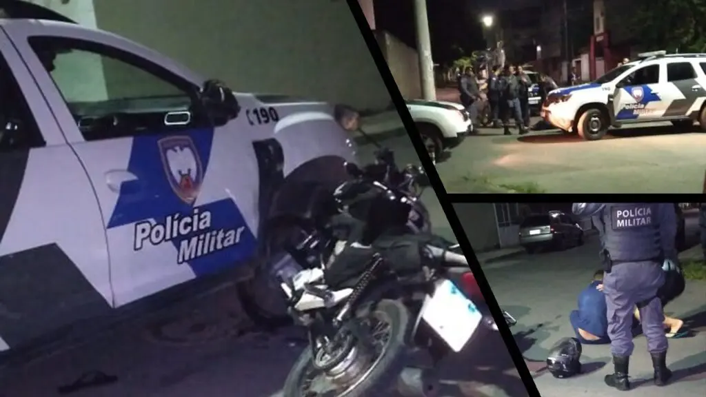 Várias imagens mostrando a moto e viatura da PM no bairro Jardim Tropical