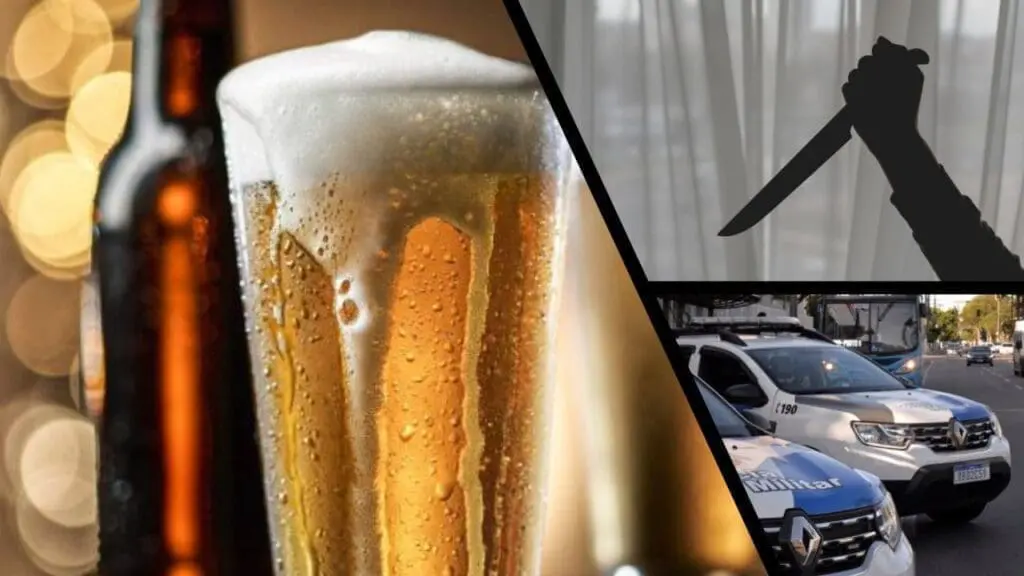 Homem se envolve em treta e acaba esfaqueado em frente a um bar na Serra Arte com três imagens na primeira uma garrafa de cerveja ao lado de um copo transbordando, na segunda imagem uma representação de uma facada uma mão segurando uma faca por trás de uma cortinas, Duas viaturas da Policia Militar paradas em uma avenida