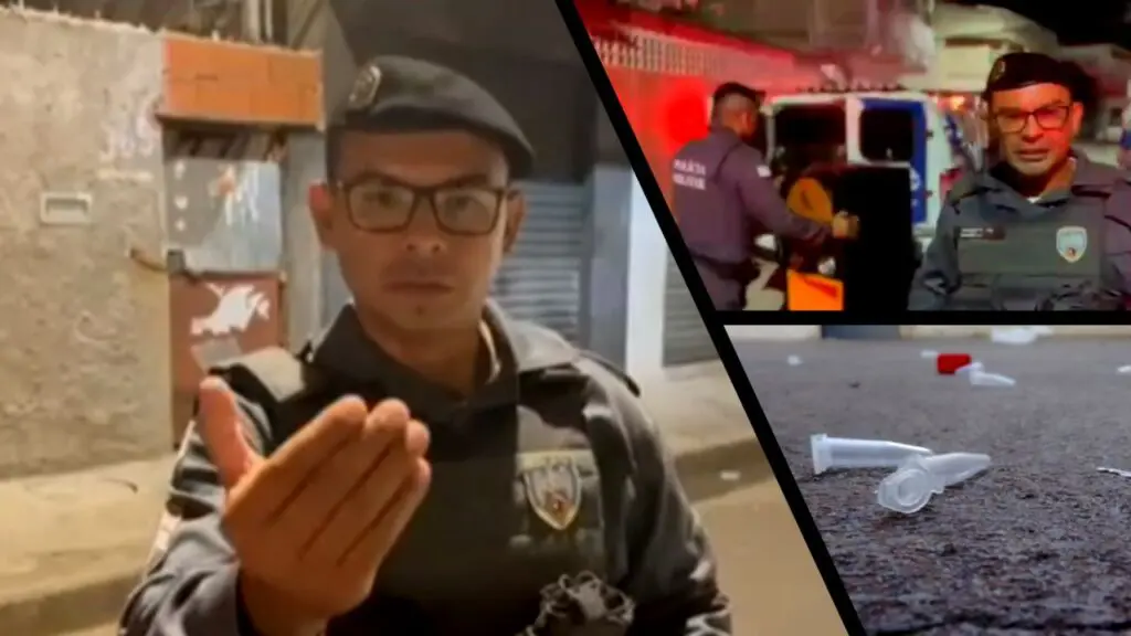 Força Tática recebe denuncia e acaba com baile clandestino recheado de drogas na Serra Arte com três imagens na primeira Sargento Mauricio de Sousa em uma rua de Vila Nova de Colares, na segunda imagens um militar retirando um equipamento de som ao lado o Sargento Mauricio Sousa, na terceira imagem pinos de cocaína no chão de uma rua