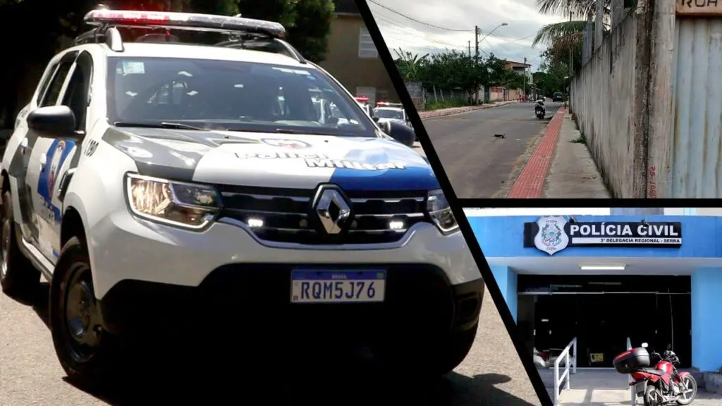 Arte com três imagens, na primeira imagem uma viatura da Policia Militar, na segunda imagem uma foto da Rua Atilio Vivacqua em Jardim Carapina, e na terceira foto a entrada da 3ª Delegacia Regional localizada em Laranjeiras na Serra