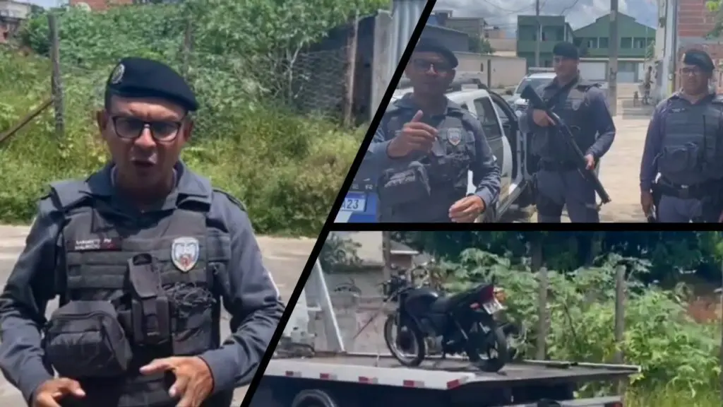 PM homenageia o Dia Internacional das Mulheres mandando mais um criminoso para cadeia na Serra Arte com teres imagens na primeira, Sargento Mauricio em uma rua de Nova Almeida, na segunda foto Sargento Mauricio ao lado de dois militares e uma viatura, e na terceira foto motocicleta em cima de um guincho