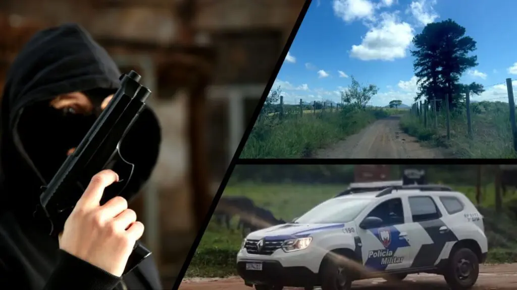 Bandidos invadem sítio e roubam instrumentos musicais avaliados em mais de R$300 mil Arte com três imagens na primeira um homem encapuzado segurando uma pistola, com o fundo em tons marrons desbotados, na segunda imagem uma estrada de terra com arvores e pastos dos dois lados, que leva até o sitio conhecido como Bets, que roubado por 10 criminosos, na terceira imagem uma viatura da PM em uma estrada de terra